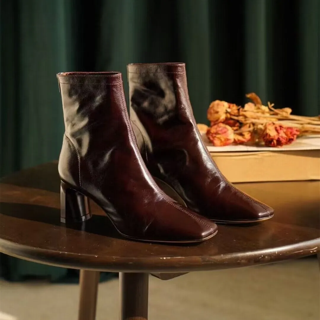 Classic Leather Slimming Boots Elegant Glove-Like Ankle Boots High Heel Back Zip Boots in Red/Black