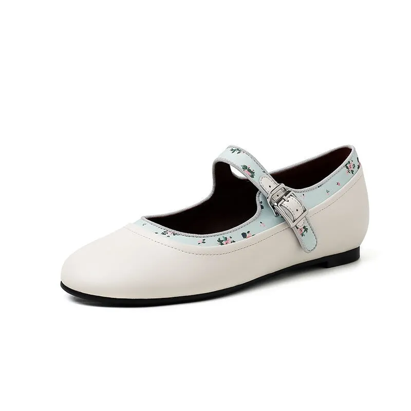 Handmade Leather Flat Mary Jane Shoes For Womens Round Toe In Beige/Silver
