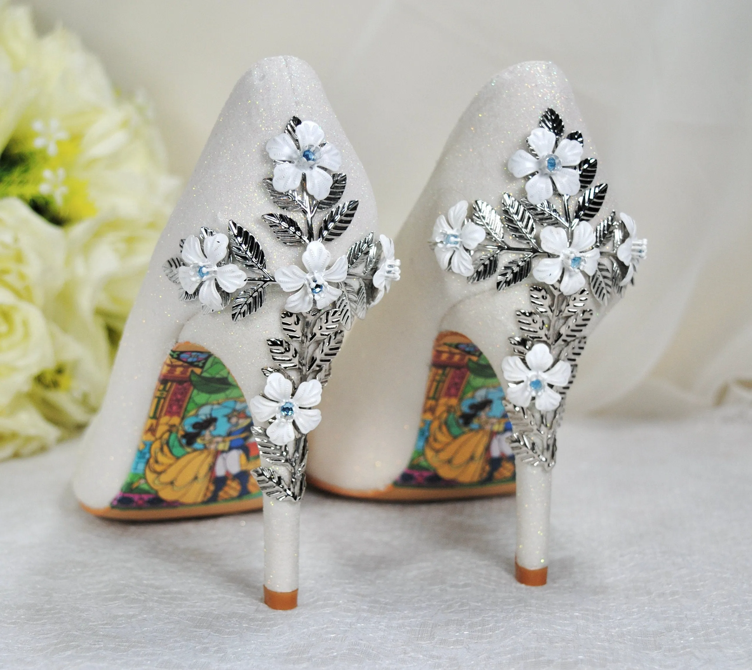 Ivory Shimmer Wedding Shoes with Silver 'Cherry Blossom', Embellished Bridal Shoes, Wedding Heels for Bride