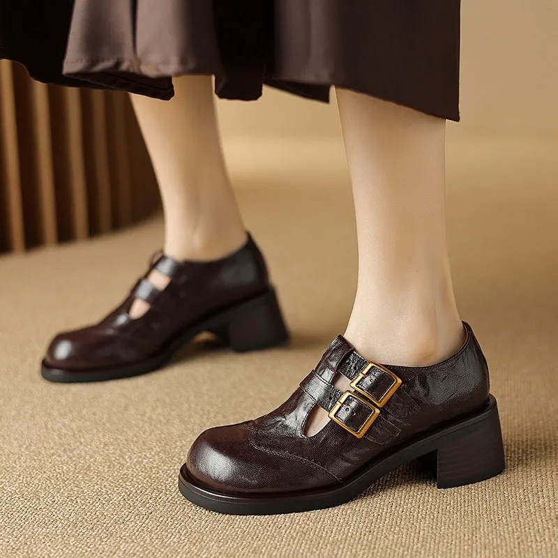 Leather Double T Strap Mary Jane Shoes Round Toe 50mm Block Heel in Brown/Black