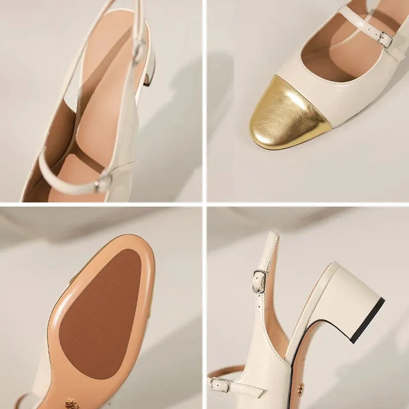 Slingback Leather Mary Jane Pumps Double Strap Block Heel Office Shoes in Silver/Golden