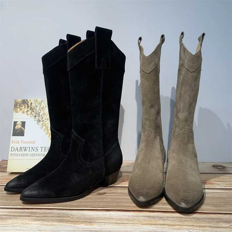 Western Boots for Womens Mid Calf suede knee boots- Black/Khaki