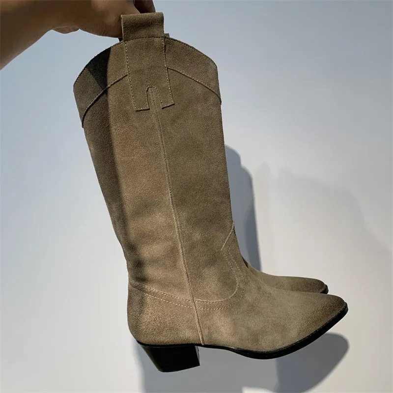 Western Boots for Womens Mid Calf suede knee boots- Black/Khaki