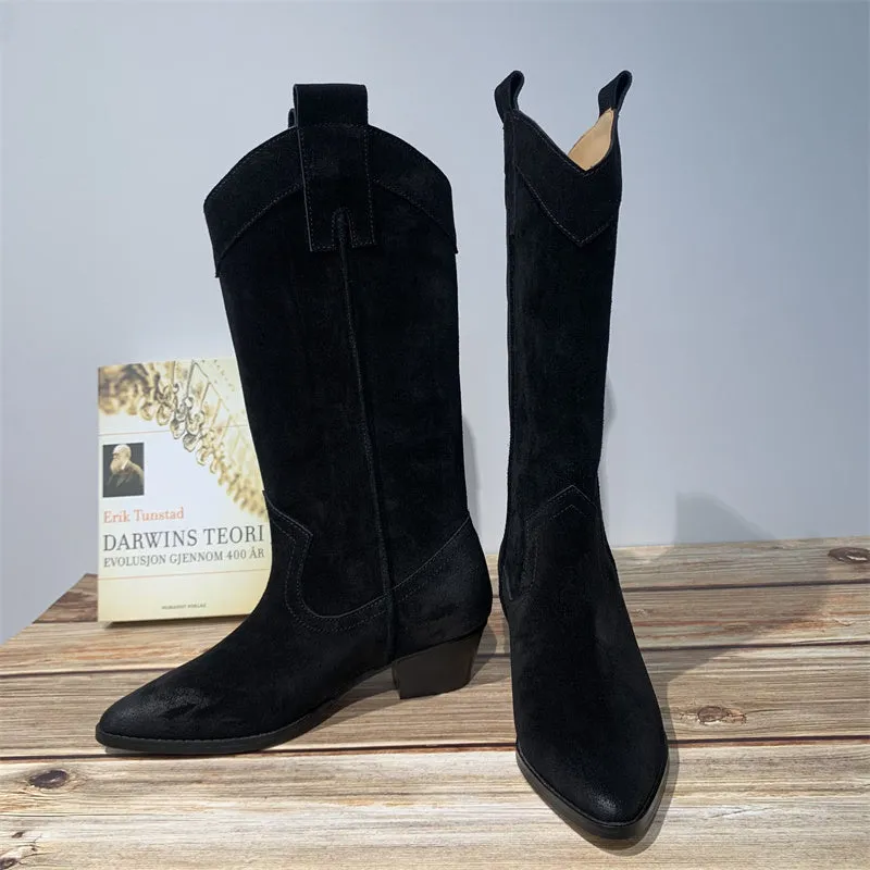Western Boots for Womens Mid Calf suede knee boots- Black/Khaki