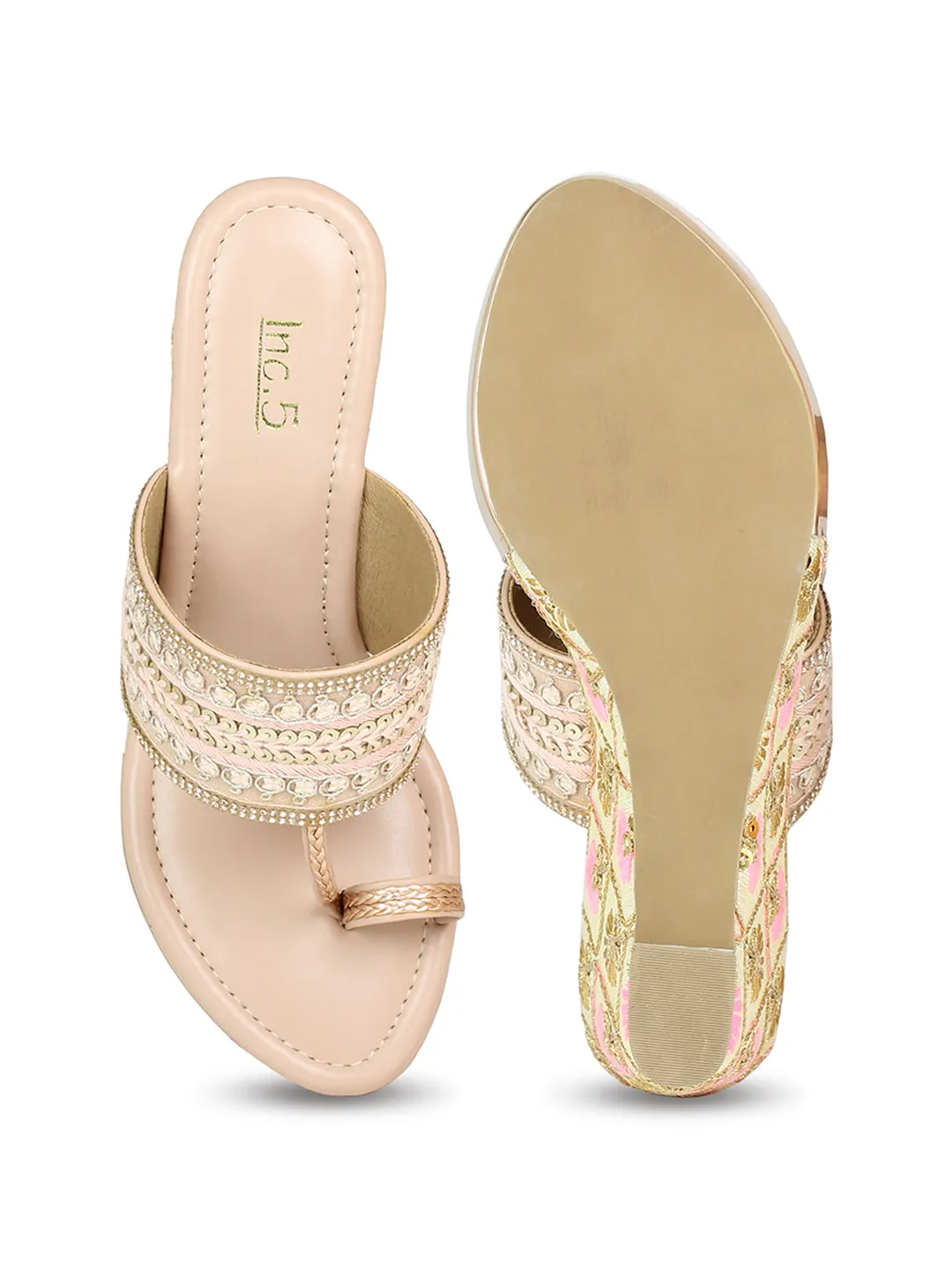 Women Peach Embellished Ethnic Wedge Sandals
