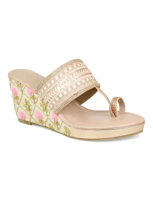 Women Peach Embellished Ethnic Wedge Sandals